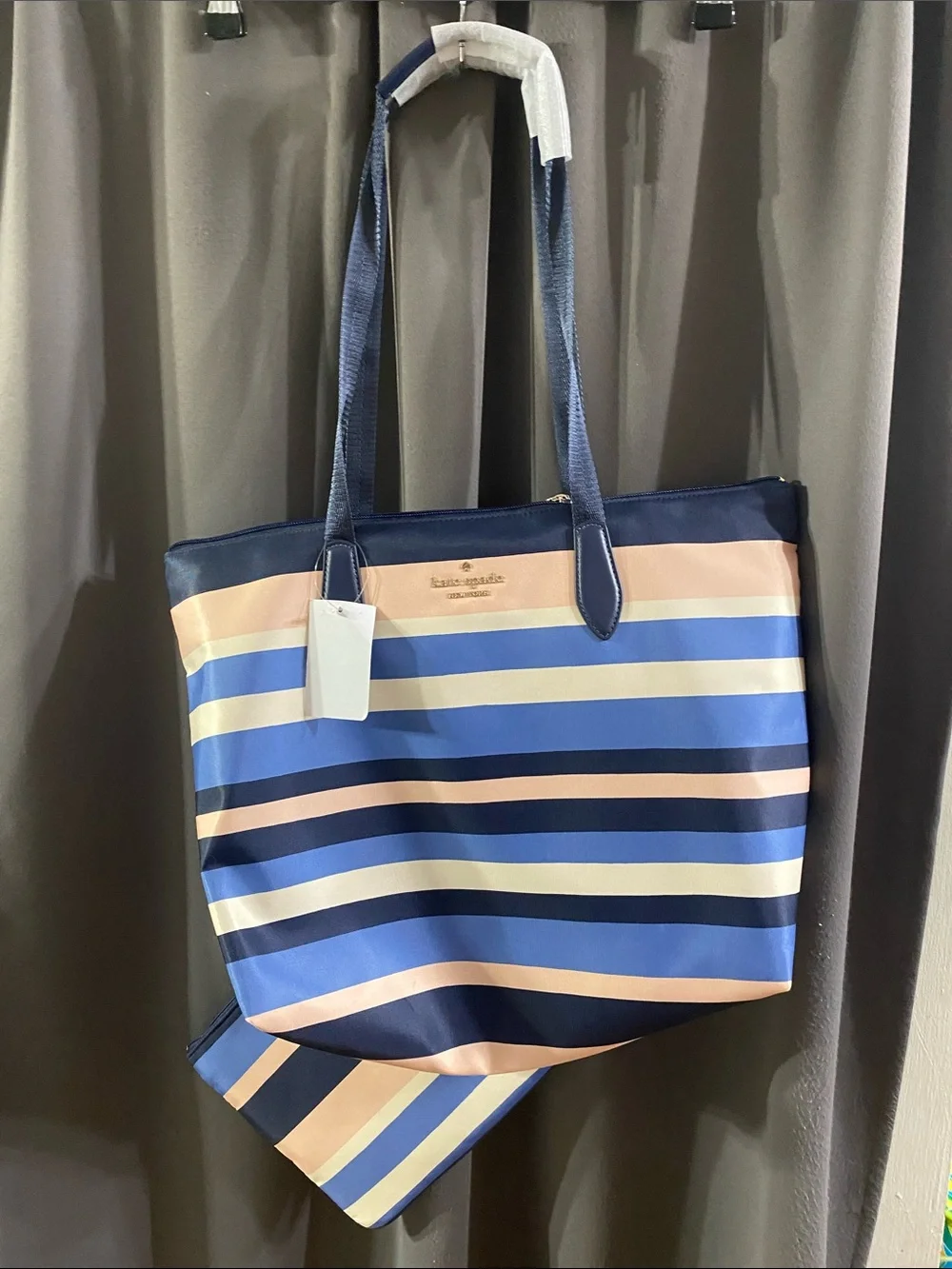 NWT kate‎ spade Navy, Light Blue & Pink Striped Shoulder Tote w /cosmetic bag